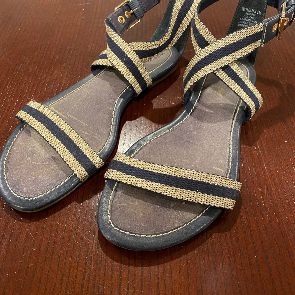Sperry TopSider sandals, navy + gold size 8